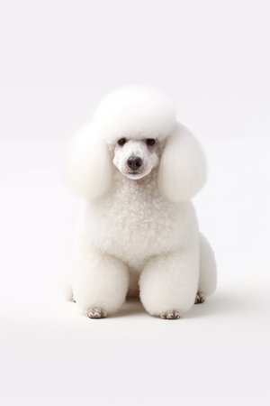 White poodle isolated on a white background. Studio shot of a miniature poodle.の素材