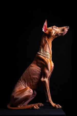 Studio shot of a Pharaoh Hound on black background.の素材