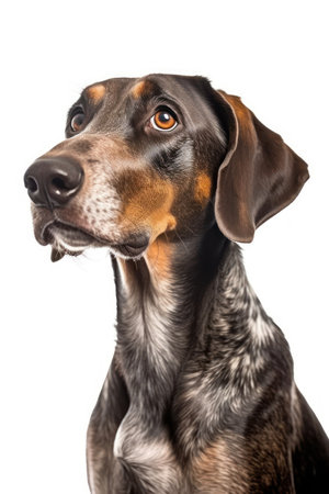 Portrait of a black and tan Plott Hound isolated on white backgroundの素材