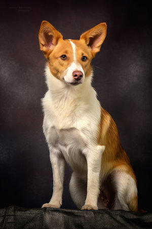 Portrait of a red and white dog on a dark background.の素材