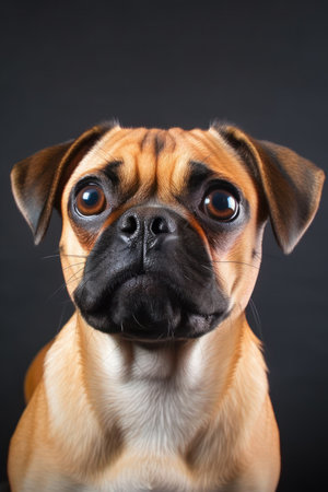 Close-up portrait of a cute purebred Pug on black backgroundの素材
