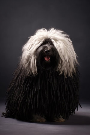 Studio portrait of a black and white Puli on black backgroundの素材