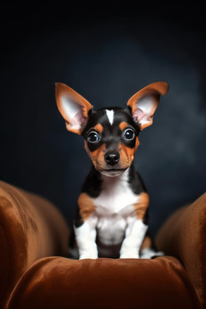 Funny puppy Toy Fox Terrier on a dark background in the studioの素材