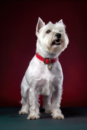 West highland white terrier standing on red background. Studio shot.の素材