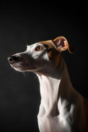 Portrait of a Whippet on a black background.の素材