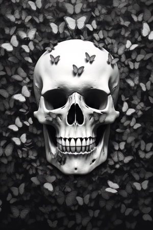 Skull and butterfly on black background, halloween concept.の素材