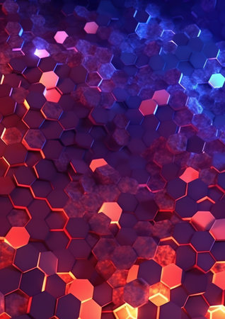 3d rendering of abstract geometric composition with hexagons in red lightの素材