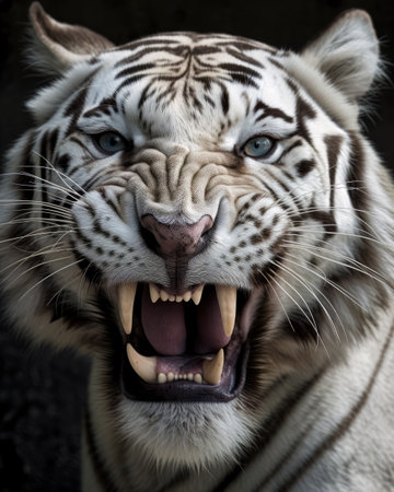 Close up of a white tiger with open mouth on black background.の素材