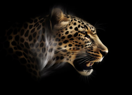 Leopard on a black background with a cloud of smoke in the mouthの素材