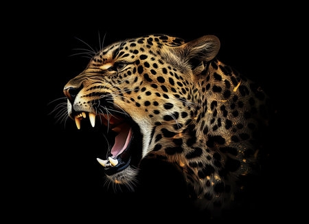 Leopard portrait isolated on black background with fire effect, digital illustrationの素材