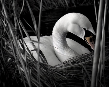 Swan in the nest on the lake. Black and white photo.の素材