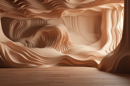 3d rendering of abstract background. Futuristic empty room with wooden floorの素材