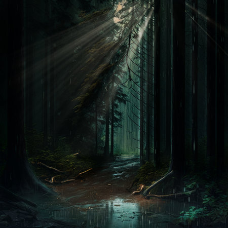 Mysterious dark forest with fog. Fantasy landscape. 3D renderingの素材