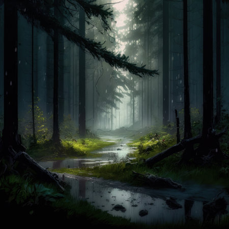 Mysterious dark forest with fog in the morning. 3D renderingの素材