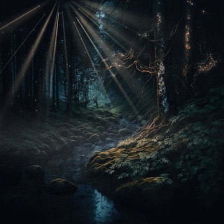 Mystical dark forest with fog and light rays. 3D renderingの素材