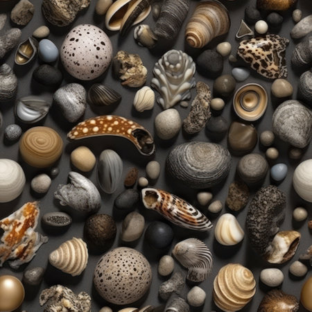 Seashells and stones on a dark background. Top view.の素材