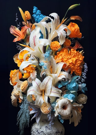 Bouquet of flowers in a vase on a black backgroundの素材