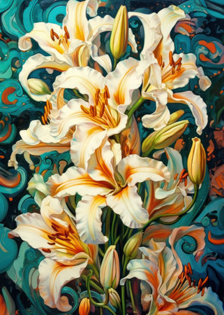 Oil painting of a bouquet of white lilies on a blue backgroundの素材