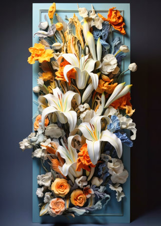 colorful bouquet of flowers in a blue box on a dark backgroundの素材