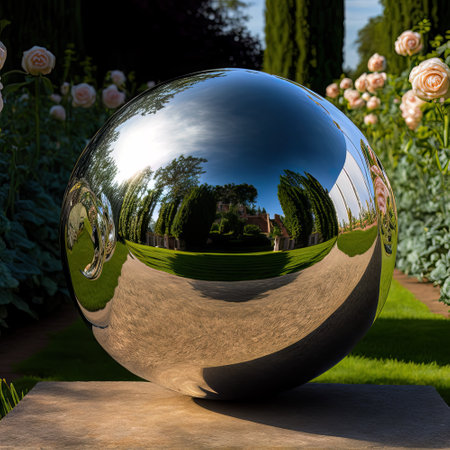 3d rendering of a glass ball in the garden with flowers in the backgroundの素材