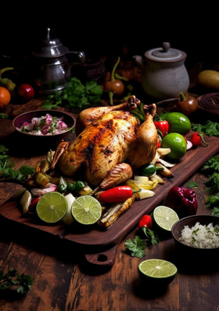 roasted chicken with vegetables on a wooden board on a dark backgroundの素材