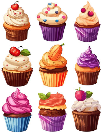 Illustration of a set of different cupcakes on a white backgroundの素材