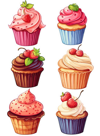 Illustration of a set of different cupcakes on a white backgroundの素材