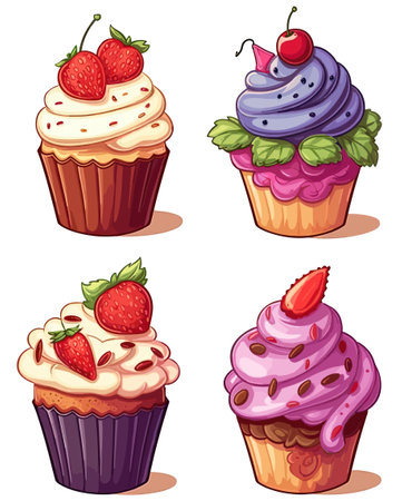 Illustration of a set of different cupcakes on a white backgroundの素材
