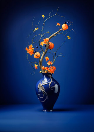 Blue vase with orange flowers and pumpkins on a blue backgroundの素材