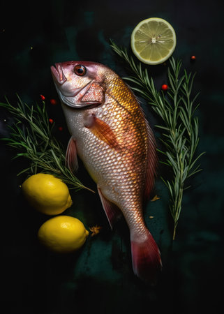 Fresh fish with lemon, rosemary and spices on a dark backgroundの素材