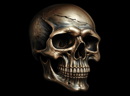 Golden human skull isolated on black background. 3d render illustration.の素材
