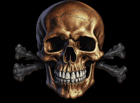 Human skull with bones isolated on black background. 3D illustration.の素材