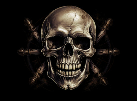 Skull and steering wheel on a black background. 3d illustrationの素材