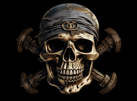 Skull with bandana and dumbbells isolated on black backgroundの素材
