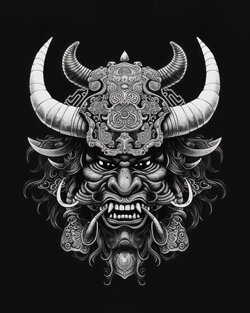 Tribal warrior mask with horns on black background. Vector illustration.の素材