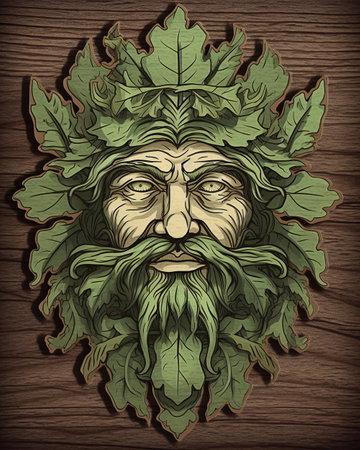 Old Greenman with a beard and oak leaves on a wooden background.の素材