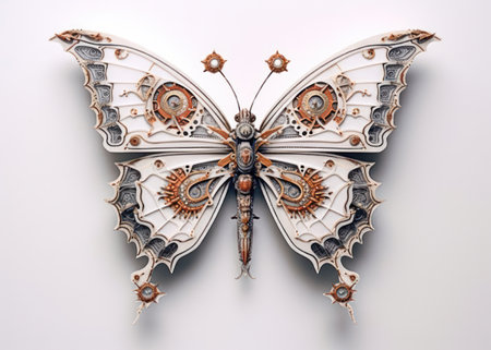 Butterfly made of wood and metal on a white background.の素材