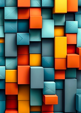 3d illustration of abstract geometric background with cubes and squares in blue and orange colorsの素材