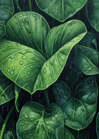 Illustration of green leaves with raindrops on dark background - digitally renderedの素材