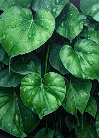 tropical rain drop on green leaf background, 3d illustration.の素材