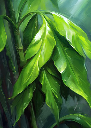 Illustration of green tropical leaves on a dark background, digital paintingの素材