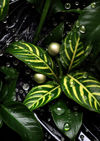 Green leaves with water drops on a black background. Natural background.の素材