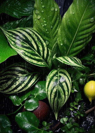 Green leaves background with rain drops. Tropical plants in raindrops.の素材