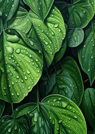 Water drops on green leaves. Realistic illustration. Natural background.の素材