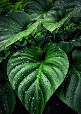 Close up of green leaf with water droplets on black background.の素材