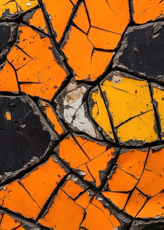 Orange and black cracked paint on the wall. Abstract background and texture for design.の素材