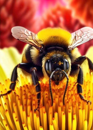 Bee on a flower, close-up, macro photo of beeの素材