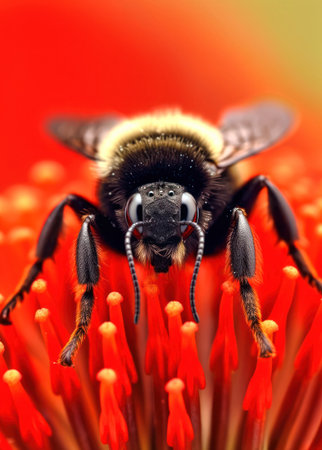 Macro shot of a bumblebee on a red flower.の素材