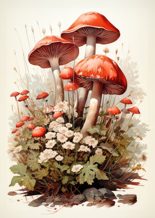 Mushrooms in autumn forest. 3D illustration. Vintage style.の素材