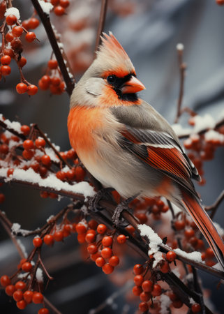 Female Northern Cardinal (cardinalis cardinalis) perched on a branch covered with snow.の素材